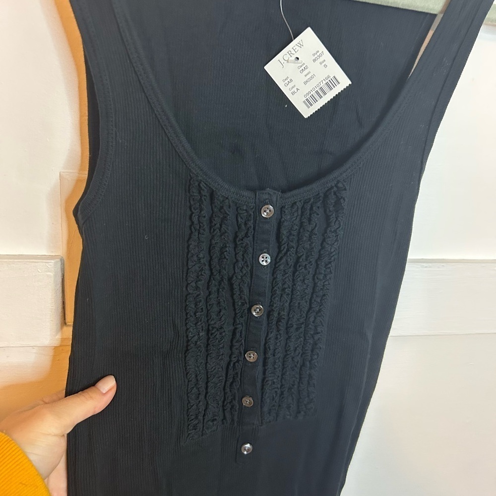 NWT J.Crew Black Ribbed Ruffle Henley Tank - Picture 5 of 5